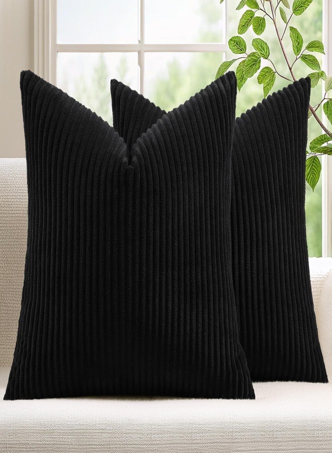 Mecatny Corduroy Decorative Throw Pillow Covers 18x18 Set of 2 for Sofa Living Room, Soft Neutral Boho Couch Pillow Covers for Home Decor, Black - Image 1