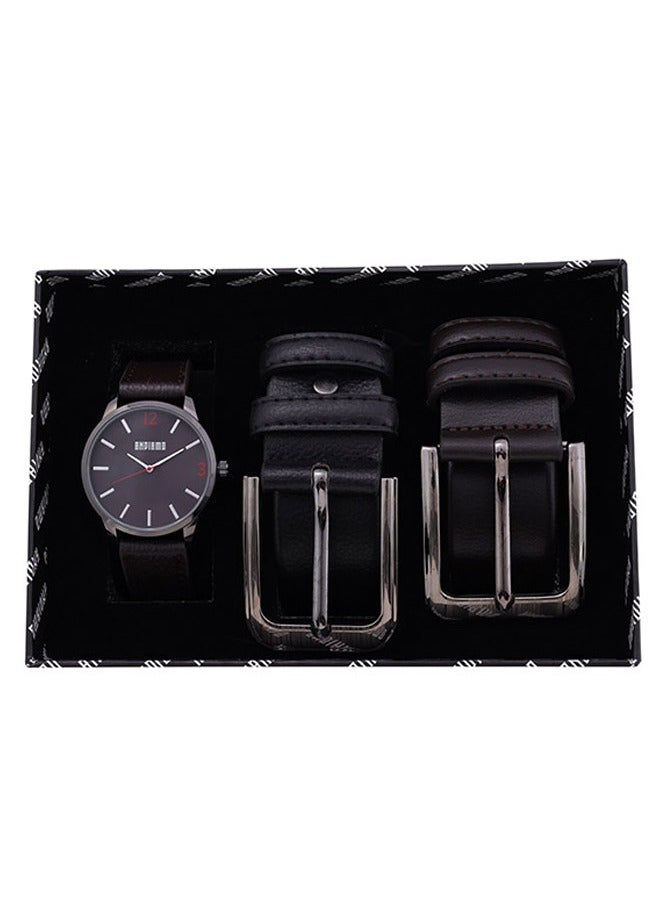 ANDIAMO Men's Analog Metal Case Black Dial Brown Leather Strap, Leather Belt Set 