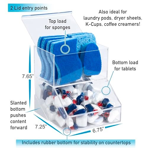 IneVibe Acrylic Dishwasher Pods & Sponge Holder w/Lids - 2 Compartment Container for Storing Detergent Tablets, Dryer Sheets, Laundry Pods for Kitchen Sink Organization - Image 2