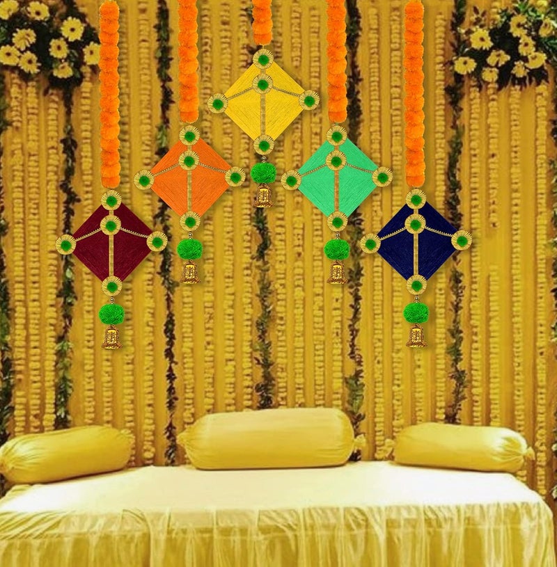 iHandikart iHandikart Marigold Garland Artificial with Kite in The Bottom Used for Festival DecorationOffice Home Diwali Decoration Size 45x25 Inches Colour Orange Pack of 5 315025K 