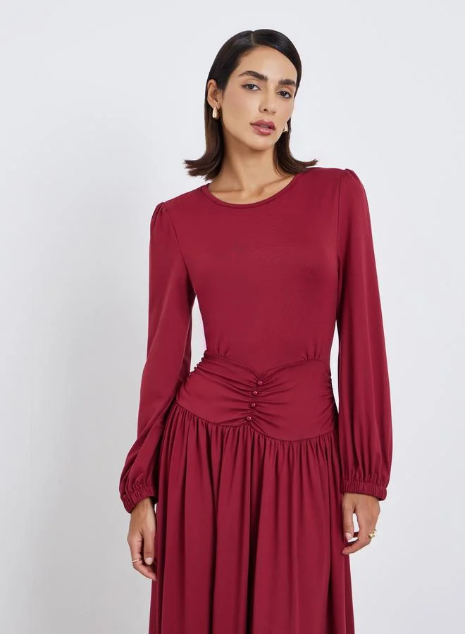 Styli Women Burgundy Gathered Waist Maxi Dress