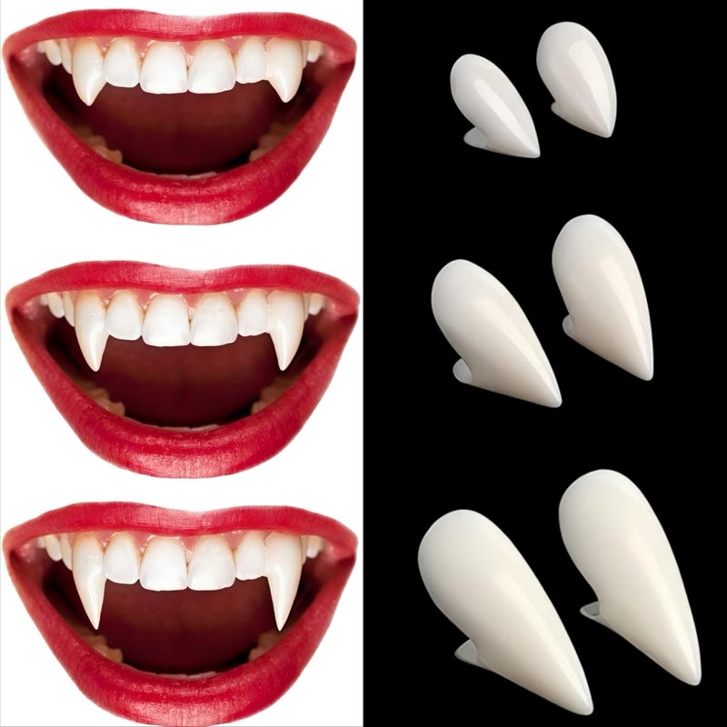 VOVEA Vampire Teeth Fangs - Perfect Fit Halloween Vampire Fangs for Cosplay Adults with Adhesive, Vampire Accessories Costume Makeup Realistic Fake Fangs for Women/Men Halloween Party, 3 Sizes - Image 1