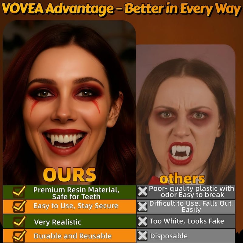 VOVEA Vampire Teeth Fangs - Perfect Fit Halloween Vampire Fangs for Cosplay Adults with Adhesive, Vampire Accessories Costume Makeup Realistic Fake Fangs for Women/Men Halloween Party, 3 Sizes - Image 4
