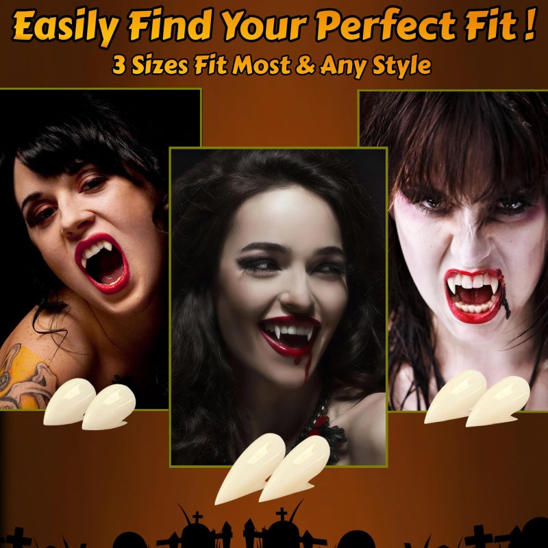 VOVEA Vampire Teeth Fangs - Perfect Fit Halloween Vampire Fangs for Cosplay Adults with Adhesive, Vampire Accessories Costume Makeup Realistic Fake Fangs for Women/Men Halloween Party, 3 Sizes - Image 3