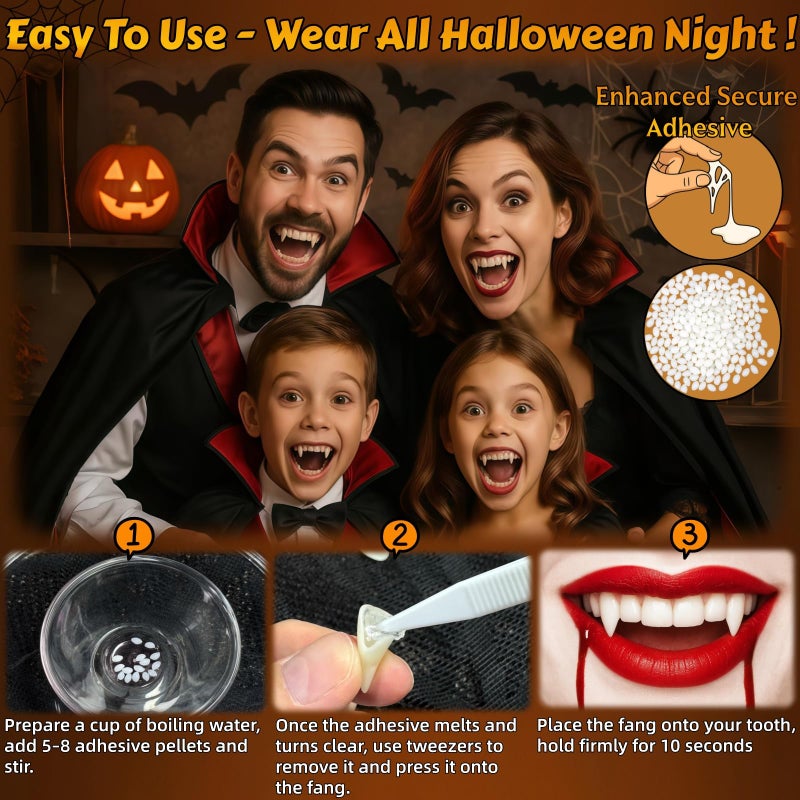 VOVEA Vampire Teeth Fangs - Perfect Fit Halloween Vampire Fangs for Cosplay Adults with Adhesive, Vampire Accessories Costume Makeup Realistic Fake Fangs for Women/Men Halloween Party, 3 Sizes - Image 5