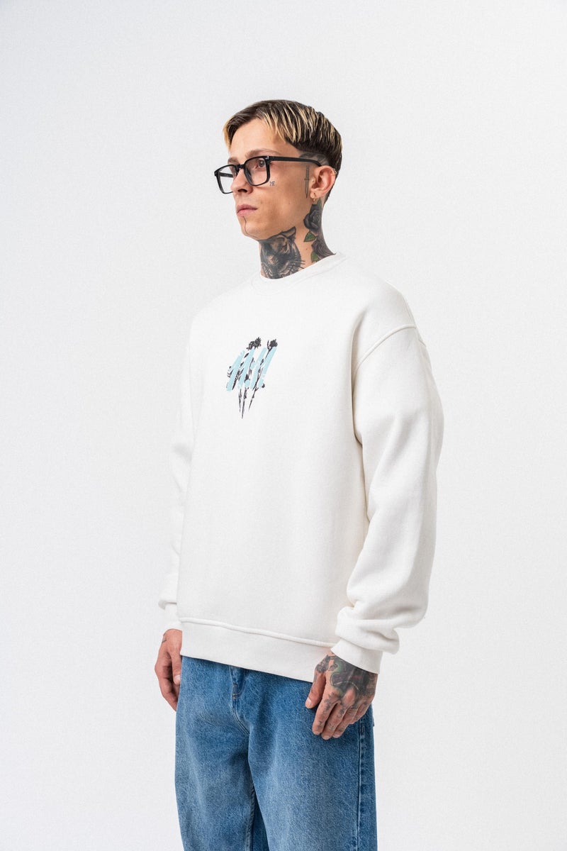 RESPIRE Men's 11.11 Printed Crew Neck Oversize Sweatshirt Ecru - Image 3