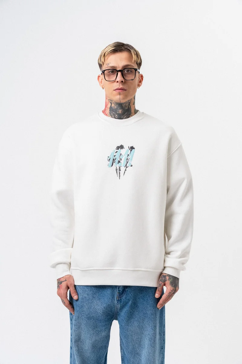RESPIRE Men's 11.11 Printed Crew Neck Oversize Sweatshirt Ecru