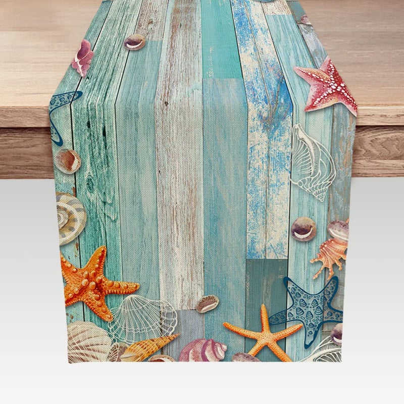 Beach Table Runner Summer Ocean Beach Seashell Starfish Table Runner for Kitchen Coastal Nautical Linen NonSlip Dining Table Runners for Family DinnerWeddingOutdoor Indoor Party