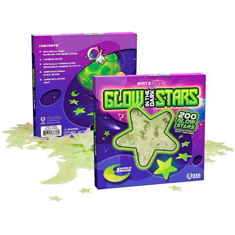 Glow in The Dark Stars for Ceiling 200PK Easter Basket Stuffers for Kids Star Brite High Plastic Glow Stars with Moon Putty Ages 456789101112 for Bedroom Space Night Light Room NonToxic