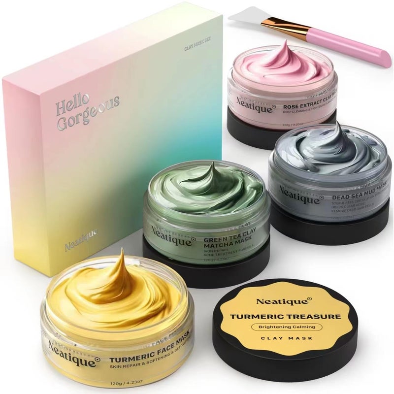 Neatique Face Masks Skincare Set, 480g (120gx4) High Capacity Facial Mask, Clay Mask Set with Turmeric w/Vitamin C, Green Tea, Rose and Dead Sea Mud, Deap Cleansing, Hydration and Pore Refinement - Image 1