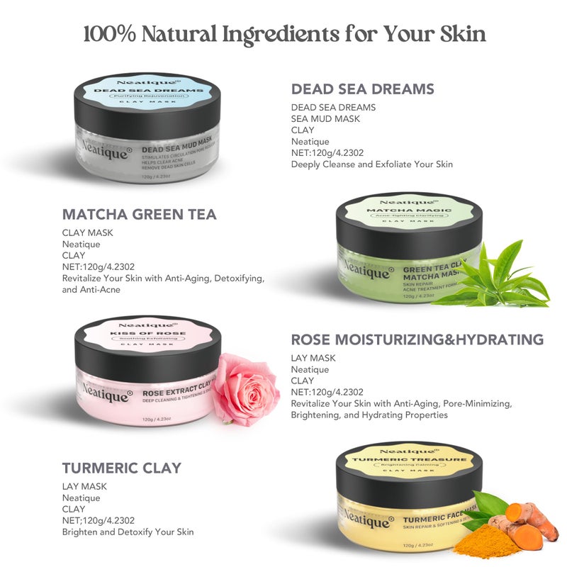 Neatique Face Masks Skincare Set, 480g (120gx4) High Capacity Facial Mask, Clay Mask Set with Turmeric w/Vitamin C, Green Tea, Rose and Dead Sea Mud, Deap Cleansing, Hydration and Pore Refinement - Image 3