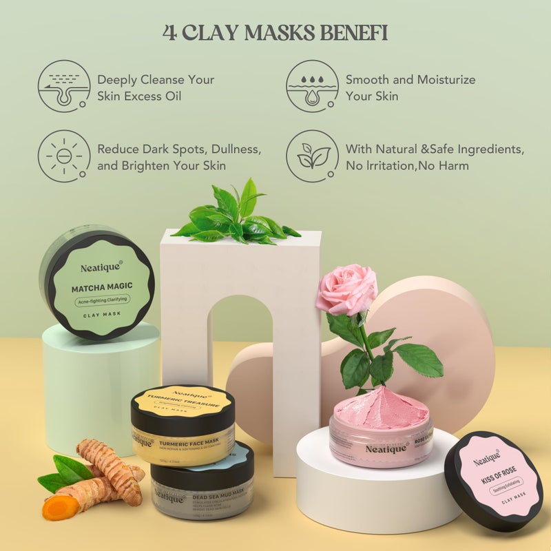 Neatique Face Masks Skincare Set, 480g (120gx4) High Capacity Facial Mask, Clay Mask Set with Turmeric w/Vitamin C, Green Tea, Rose and Dead Sea Mud, Deap Cleansing, Hydration and Pore Refinement - Image 5