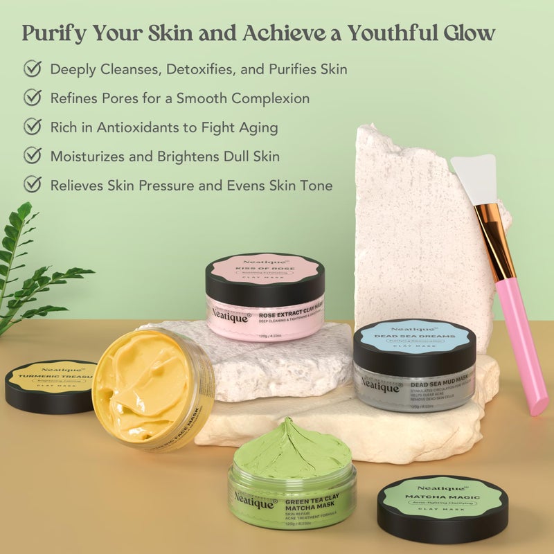 Neatique Face Masks Skincare Set, 480g (120gx4) High Capacity Facial Mask, Clay Mask Set with Turmeric w/Vitamin C, Green Tea, Rose and Dead Sea Mud, Deap Cleansing, Hydration and Pore Refinement - Image 2