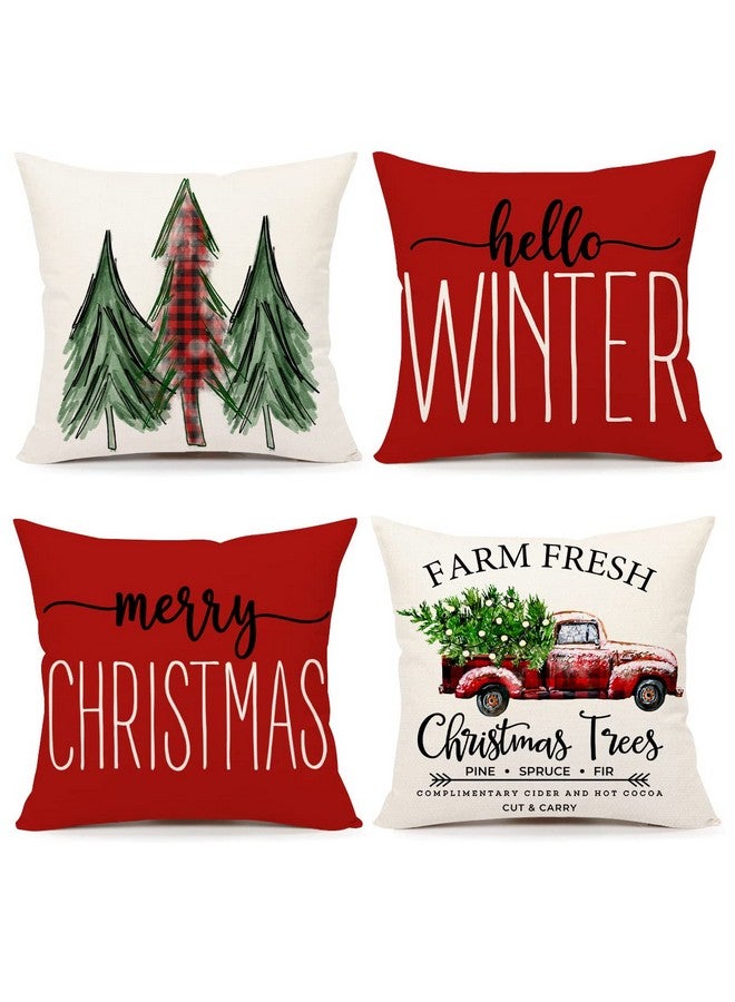 4TH Emotion Red Christmas Pillow Covers 18x18 Set of 4 Farmhouse Decorations Merry Tree Truck Hello Winter Holiday Decor Throw Cushion Case for Home Couch S22C34 - Image 1