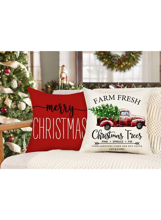 4TH Emotion Red Christmas Pillow Covers 18x18 Set of 4 Farmhouse Decorations Merry Tree Truck Hello Winter Holiday Decor Throw Cushion Case for Home Couch S22C34 - Image 4
