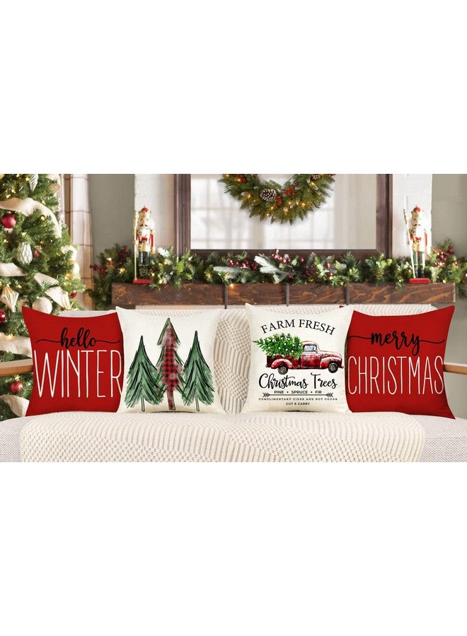 4TH Emotion Red Christmas Pillow Covers 18x18 Set of 4 Farmhouse Decorations Merry Tree Truck Hello Winter Holiday Decor Throw Cushion Case for Home Couch S22C34 - Image 2