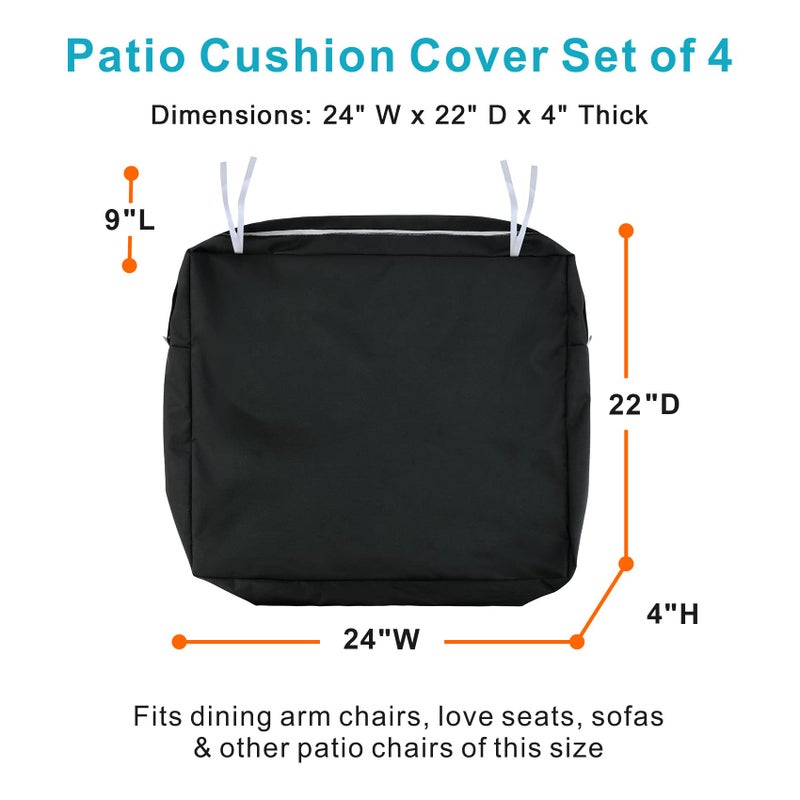 NettyPro Outdoor Cushion Slipcovers Waterproof 4 Pack Patio Chair Seat Cushion Covers with Zipper and Tie, 24 x 22 x 4 Inch, Replacement Cover Only, Black - Image 5