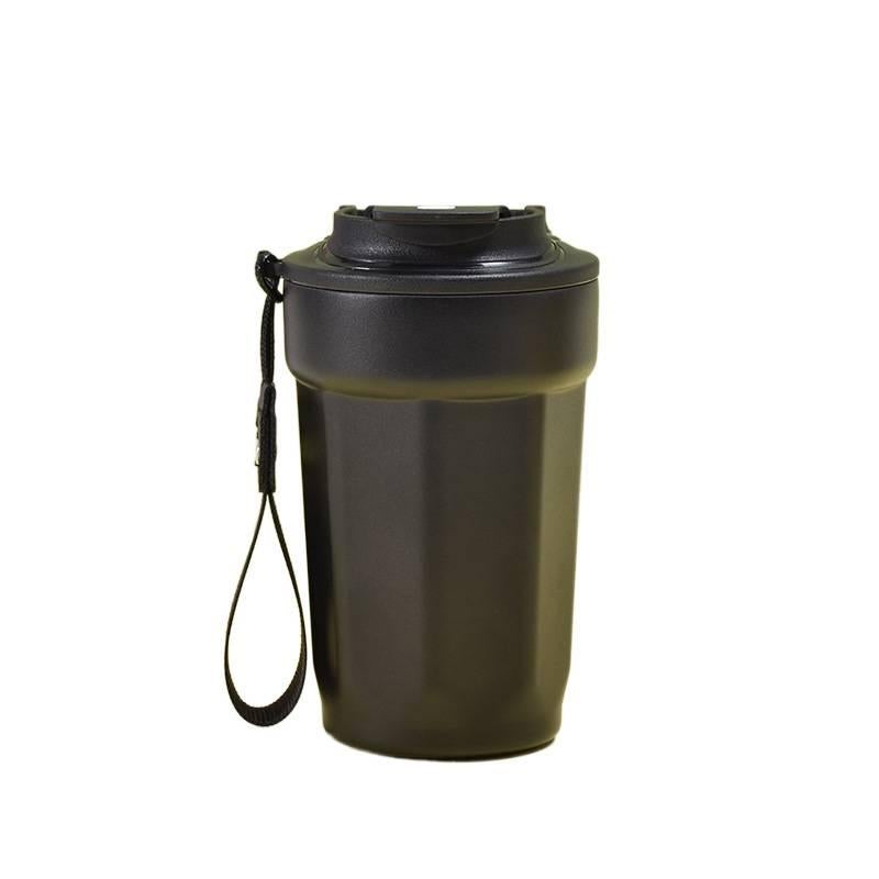 كوب قهوة للسفر بمقبض سهل الحمل من ستانلس ستيل مع بطانة خزفية، 450 ml مع مقبض من الستانلس ستيل باللون الأسود للاستخدام المنزلي للمكتب المنزلي - Image 1