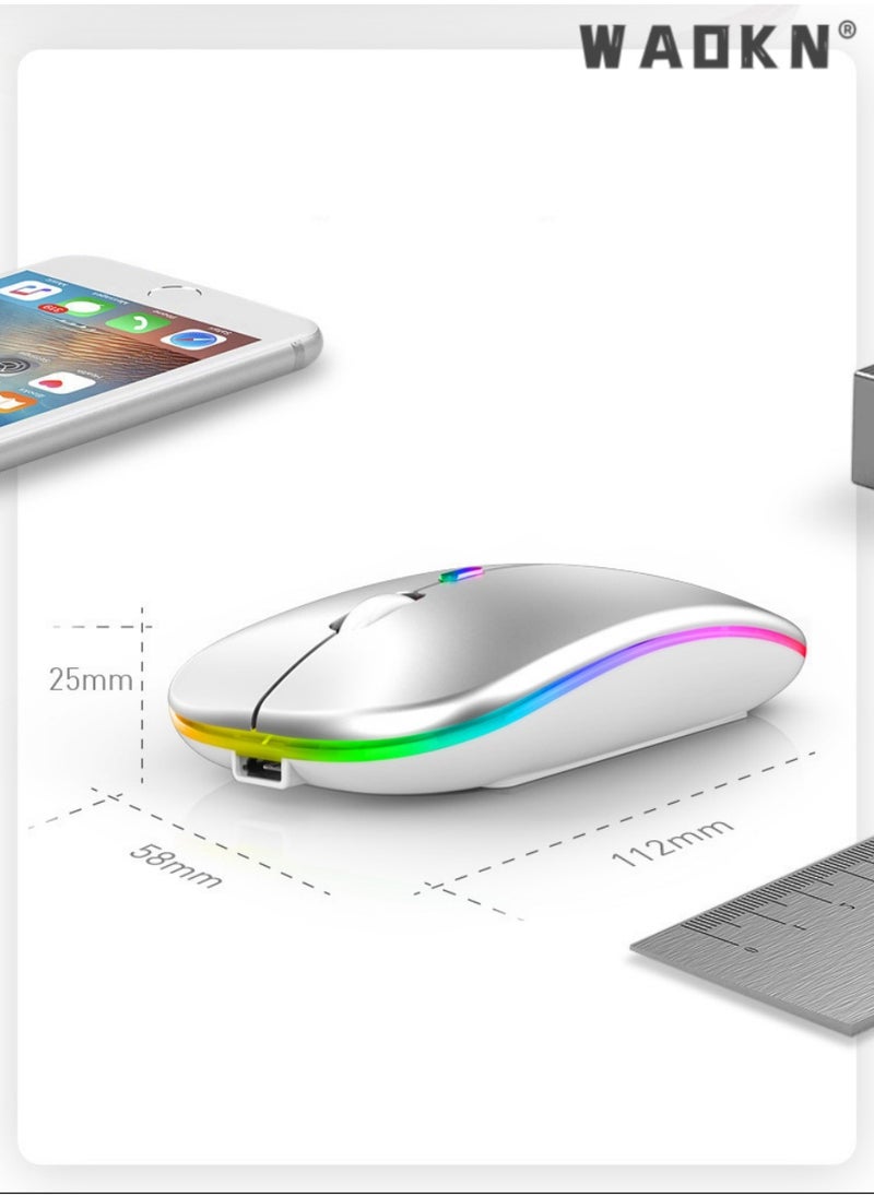 Bluetooth Dual-mode Wireless Mouse, Bluetooth 5.1 + USB, 2.4GHz Rechargeable Silent Bluetooth Wireless Mouse,Mice with USB Type-C Interface Compatible for Most Computer(Luminescent White)