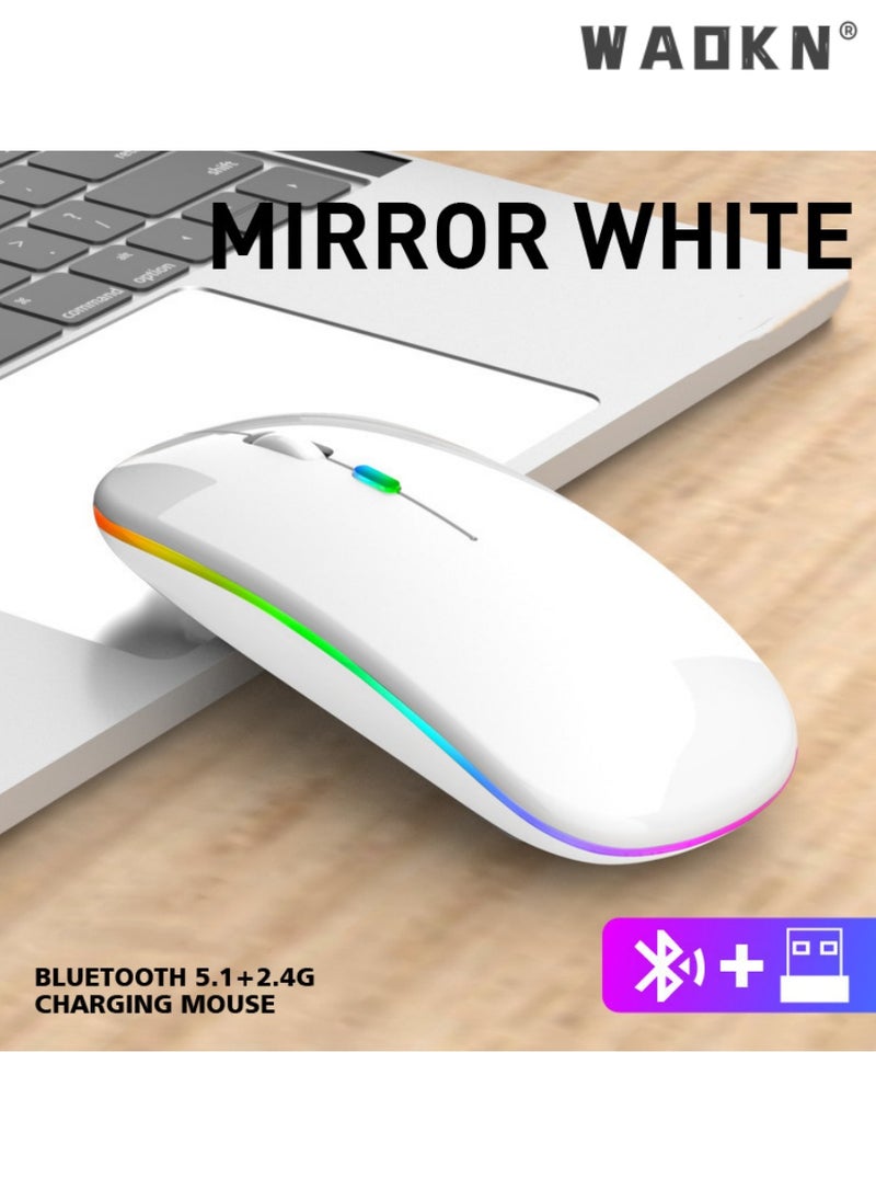 Bluetooth Dual-mode Wireless Mouse, Bluetooth 5.1 + USB, 2.4GHz Rechargeable Silent Bluetooth Wireless Mouse,Mice with USB Type-C Interface Compatible for Most Computer(Luminescent White)