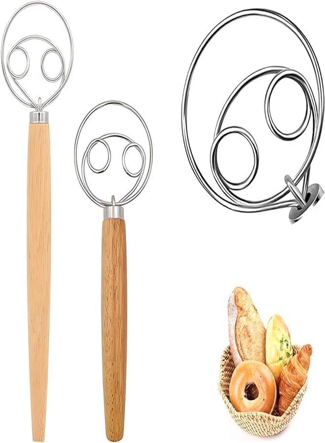 Zorzel Danish Dough Whisk, 2 Pack Stainless Steel Wooden Handle Dutch Bread Whisk Mixer Blender Admixer Bread Baking Tools for Cake Dessert Bread Pizza Pastry Food Hand Kitchenware Tool - Image 1