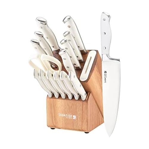Sabatier 15-Piece Forged Triple Rivet Knife Block Set with Built-in Sharpener, High-Carbon Stainless Steel Kitchen Knives, Razor-Sharp Knife set with Acacia Block and Edgekeeper Technology, White - Image 1