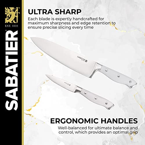 Sabatier 15-Piece Forged Triple Rivet Knife Block Set with Built-in Sharpener, High-Carbon Stainless Steel Kitchen Knives, Razor-Sharp Knife set with Acacia Block and Edgekeeper Technology, White - Image 3