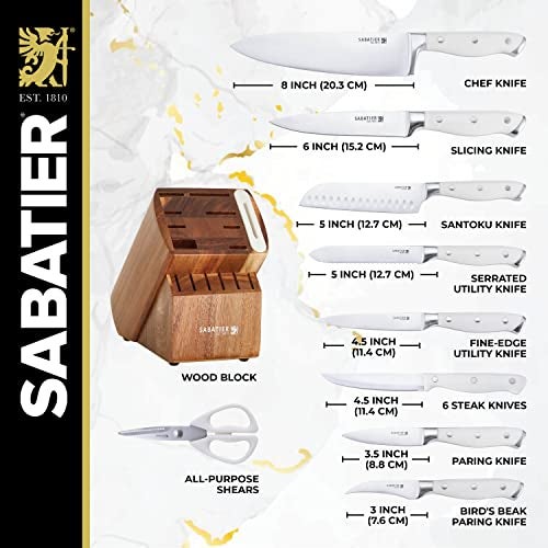 Sabatier 15-Piece Forged Triple Rivet Knife Block Set with Built-in Sharpener, High-Carbon Stainless Steel Kitchen Knives, Razor-Sharp Knife set with Acacia Block and Edgekeeper Technology, White - Image 4