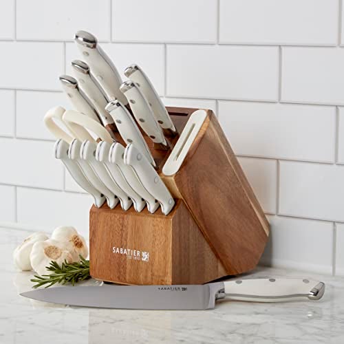 Sabatier 15-Piece Forged Triple Rivet Knife Block Set with Built-in Sharpener, High-Carbon Stainless Steel Kitchen Knives, Razor-Sharp Knife set with Acacia Block and Edgekeeper Technology, White - Image 5