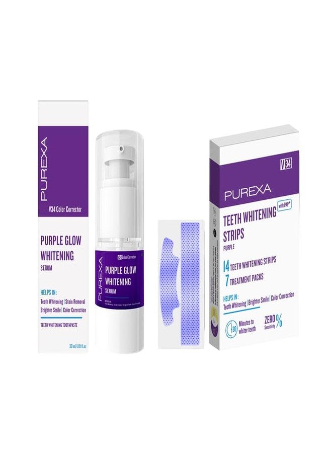 PUREXA معجون أسنان بيوريكسا لتبييض الأسنان برائحة بنفسجية متوهجة، 30 مل + شرائط تبييض الأسنان الاحترافية البنفسجية الخالية من البيروكسيد، عبوة من 7 شرائط، تكفي لـ 14 استخدامًا - Image 1