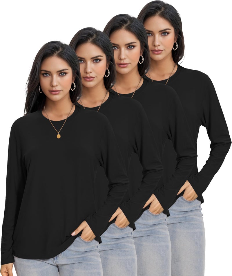 Kinglaman 4 Pack Womens Long Sleeve Shirts Tops Loose Fit Basic Crew Neck Tee T Shirts Ultra Soft Blouses Tops 4 Black Medium - Image 1