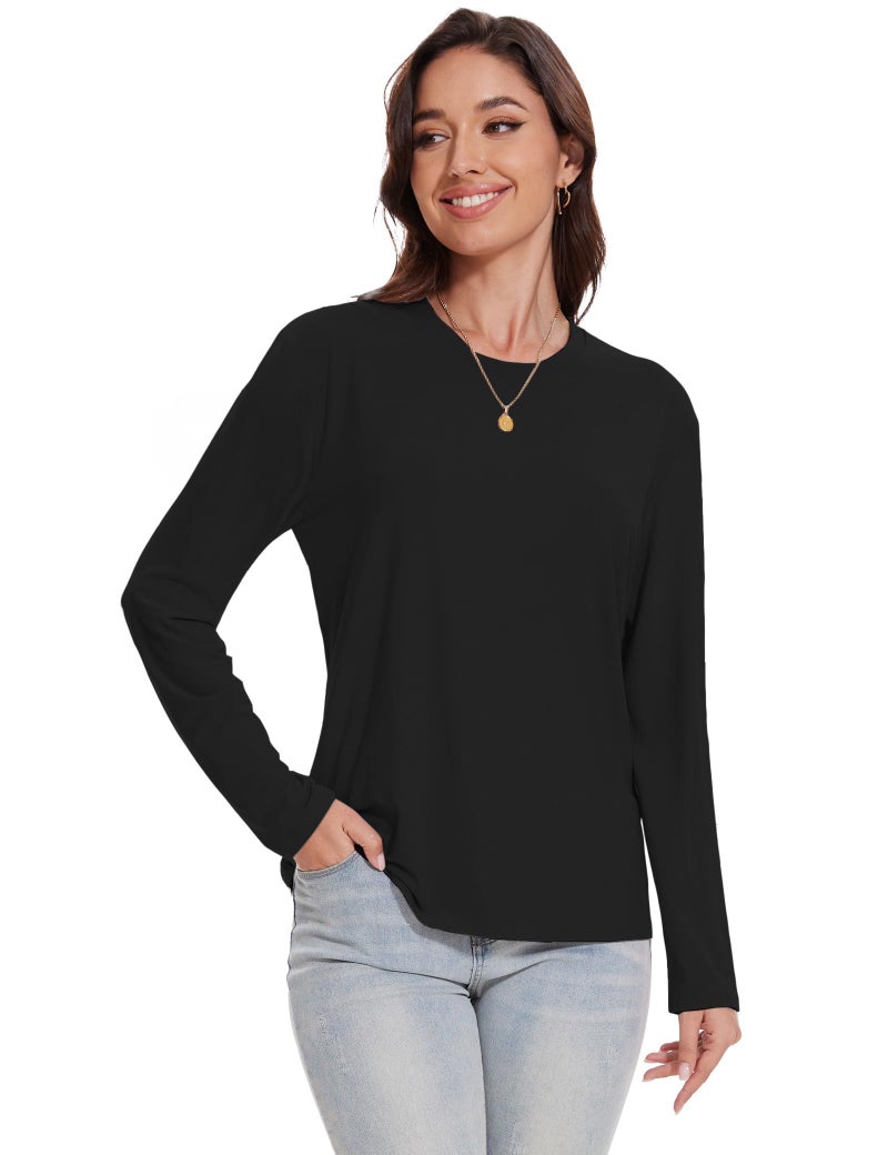 Kinglaman 4 Pack Womens Long Sleeve Shirts Tops Loose Fit Basic Crew Neck Tee T Shirts Ultra Soft Blouses Tops 4 Black Medium - Image 2