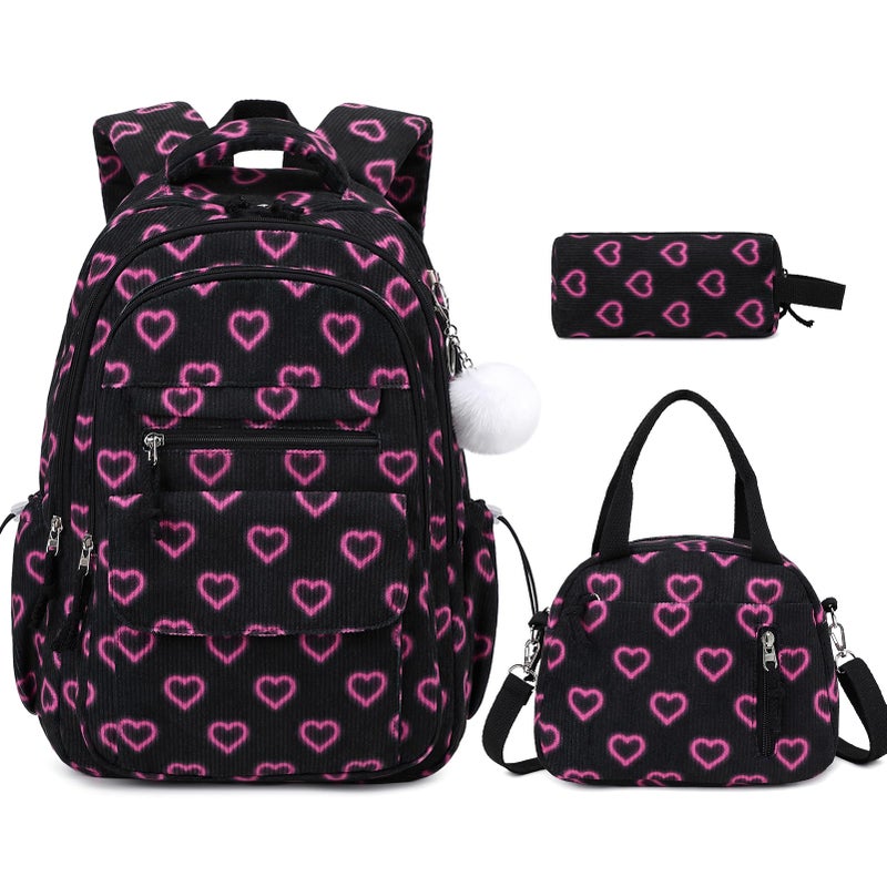 Bevalsa Backpack for Girls 3PCS Corduroy Kids Backpack Set with Lunch Box Pencil Pouch Bookbag Daypack Laptop Bag for Women Teens Elementary Middle High School - Image 2