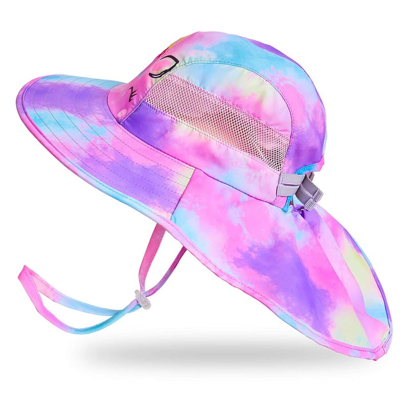 Play Tailor Kids Sun Hat UV Protection Summer Beach Play Hats Wide Brim Neck Flap for Girls Boys 2-9 Years, Purple Aqua Tie Dye - Image 1