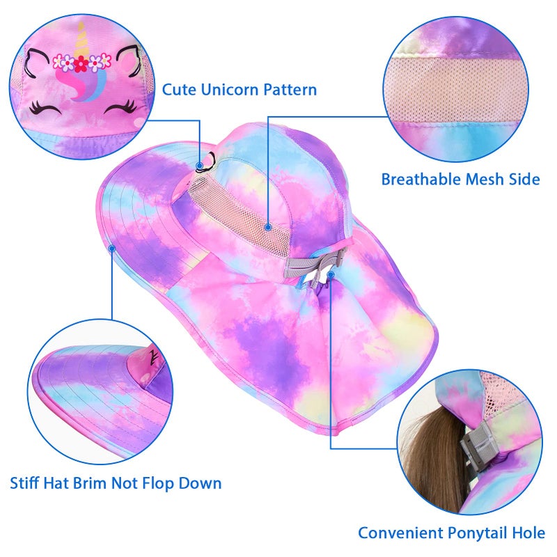 Play Tailor Kids Sun Hat UV Protection Summer Beach Play Hats Wide Brim Neck Flap for Girls Boys 2-9 Years, Purple Aqua Tie Dye - Image 3