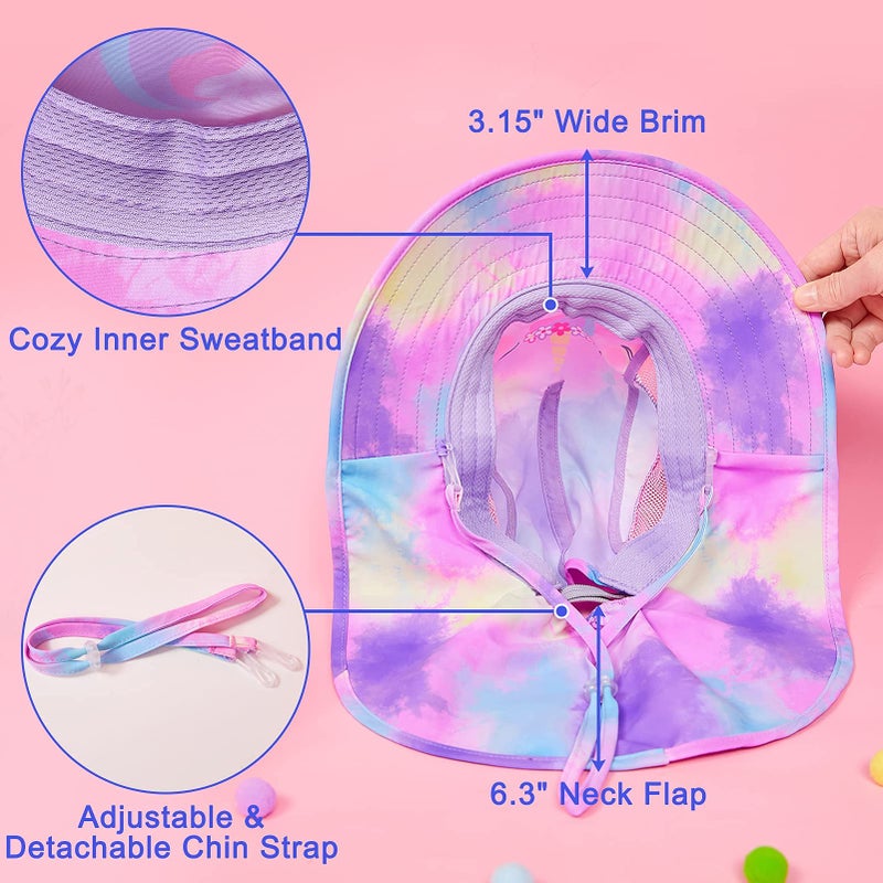 Play Tailor Kids Sun Hat UV Protection Summer Beach Play Hats Wide Brim Neck Flap for Girls Boys 2-9 Years, Purple Aqua Tie Dye - Image 4