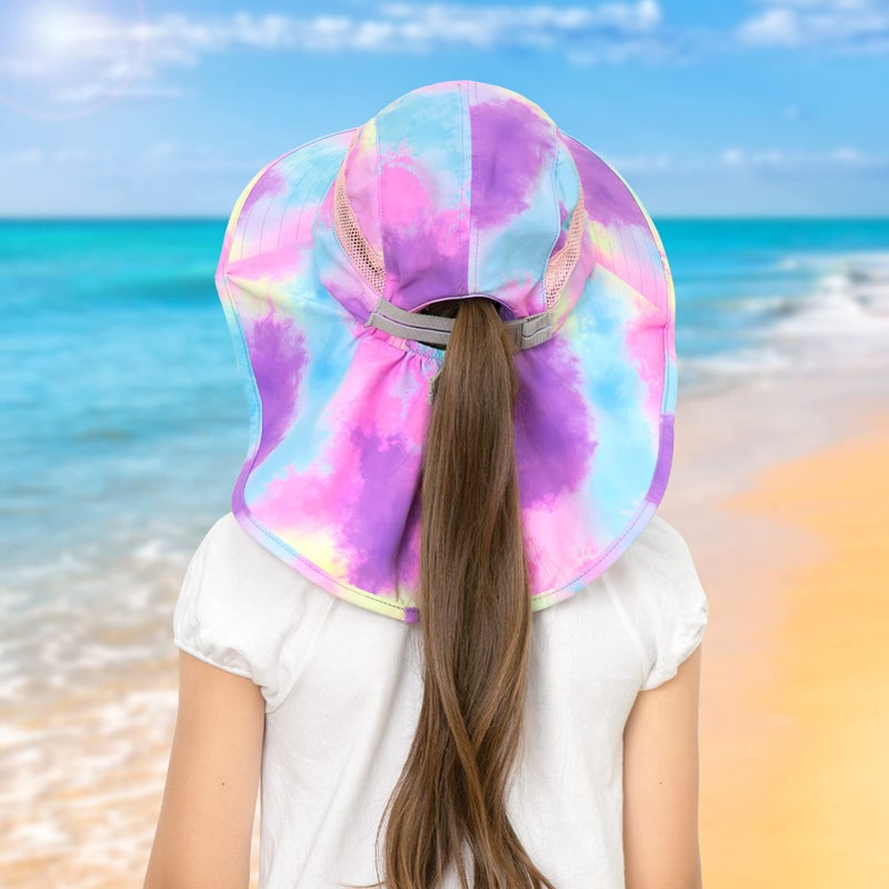 Play Tailor Kids Sun Hat UV Protection Summer Beach Play Hats Wide Brim Neck Flap for Girls Boys 2-9 Years, Purple Aqua Tie Dye - Image 5