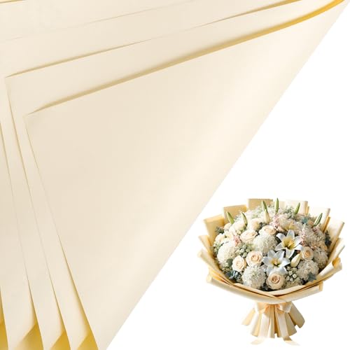 LeZakaa 20 Sheets Flower Wrapping Paper - Waterproof Reversible Floral Bouquet Paper - Cream Yellow Design for Valentine's Day, Mother's Day, Parties, Birthdays, Weddings, Baby Shower - Image 1