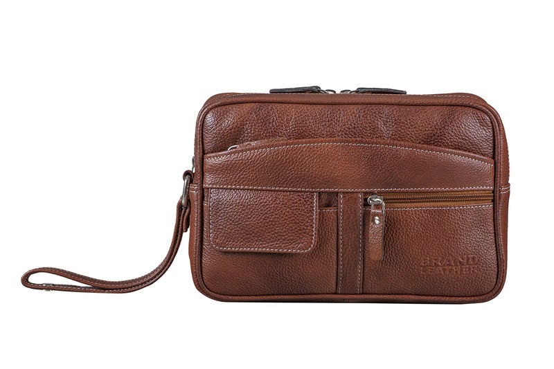 BRAND LEATHER Genuine Leather Toiletry Bag Cash Pouch/Money Carrying Pouch/Handbags/Multipurpose Travel Pouch (TAN) - Image 1