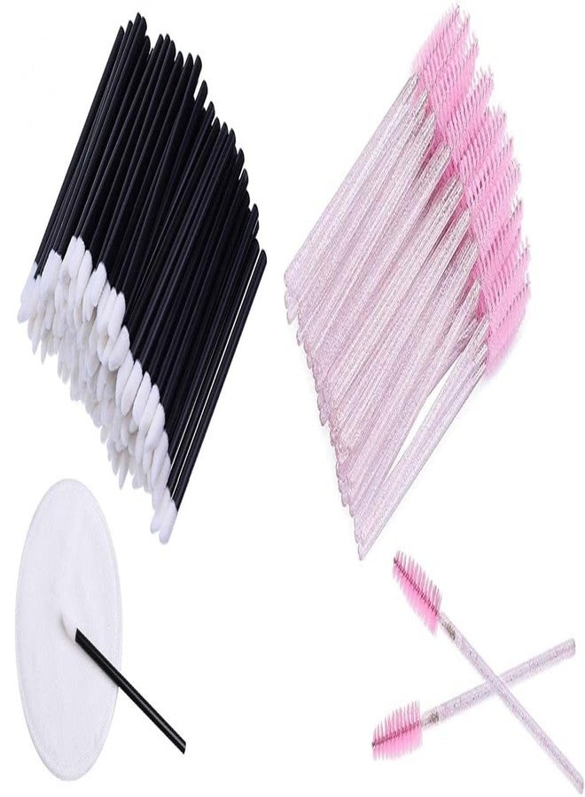 VOIISH 50 قطعة من فرش الماسكارا و 50 قطعة من فرش الشفاه - مشط تمديد الرموش، أدوات تطبيق ملمع الشفاه، فرش ظلال العيون، مجموعة أدوات مكياج للسفر باللون الوردي الفاتح الكريستالي والأسود - Image 1