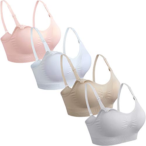 GXXGE 4Pack Nursing Bra for Breastfeeding Maternity Bras Push Up Silk Seamless Pregnancy Bralette Underwear Beige Grey Pink White Large - Image 1