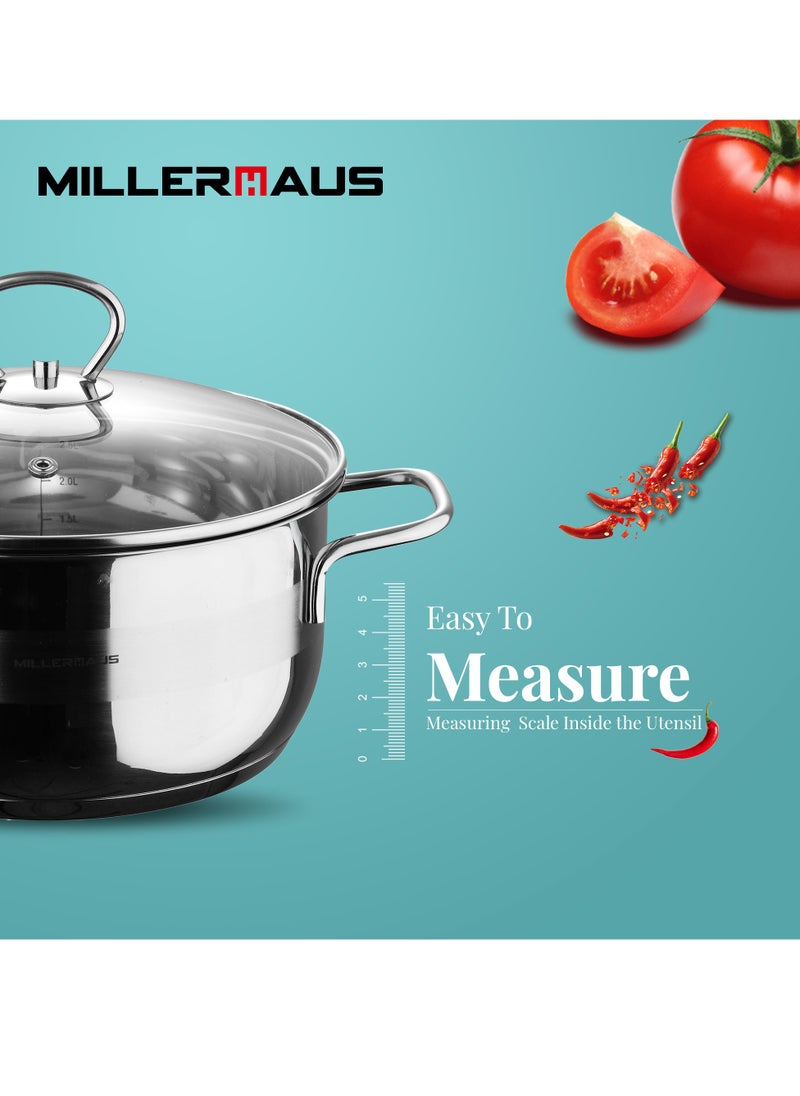 MILLERHAUS Millerhaus Casserole Ø30X15Cm S/S Induction With Lid, Casserole With Lid - Stainless Steel - Ø30X15Cm  - Induction - Shiny And Matt - Straight Shape - Measuring Scale - Welded Wire Handle And Knob, Exceptional Durability and Strength Stainless steel body with Glass Lid  - Image 3