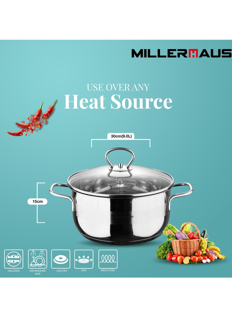 MILLERHAUS Millerhaus Casserole Ø30X15Cm S/S Induction With Lid, Casserole With Lid - Stainless Steel - Ø30X15Cm  - Induction - Shiny And Matt - Straight Shape - Measuring Scale - Welded Wire Handle And Knob, Exceptional Durability and Strength Stainless steel body with Glass Lid  - Image 4