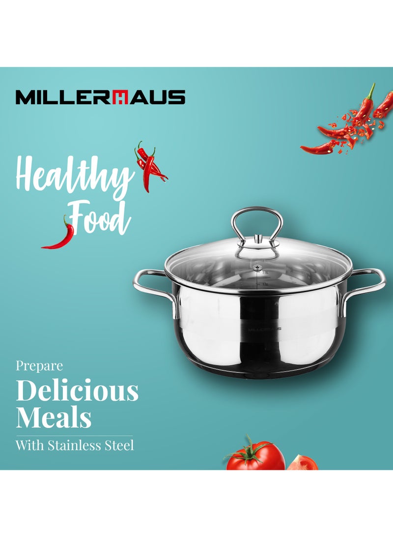 MILLERHAUS Millerhaus Casserole Ø30X15Cm S/S Induction With Lid, Casserole With Lid - Stainless Steel - Ø30X15Cm  - Induction - Shiny And Matt - Straight Shape - Measuring Scale - Welded Wire Handle And Knob, Exceptional Durability and Strength Stainless steel body with Glass Lid  - Image 2