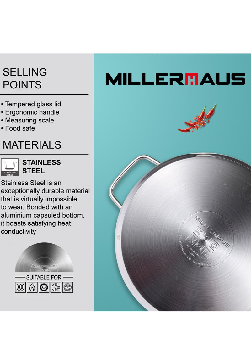 MILLERHAUS Millerhaus Casserole Ø30X15Cm S/S Induction With Lid, Casserole With Lid - Stainless Steel - Ø30X15Cm  - Induction - Shiny And Matt - Straight Shape - Measuring Scale - Welded Wire Handle And Knob, Exceptional Durability and Strength Stainless steel body with Glass Lid  - Image 5