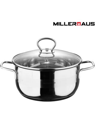 Millerhaus Casserole Ø30X15Cm S/S Induction With Lid, Casserole With Lid - Stainless Steel - Ø30X15Cm  - Induction - Shiny And Matt - Straight Shape - Measuring Scale - Welded Wire Handle And Knob, Exceptional Durability and Strength Stainless steel body with Glass Lid