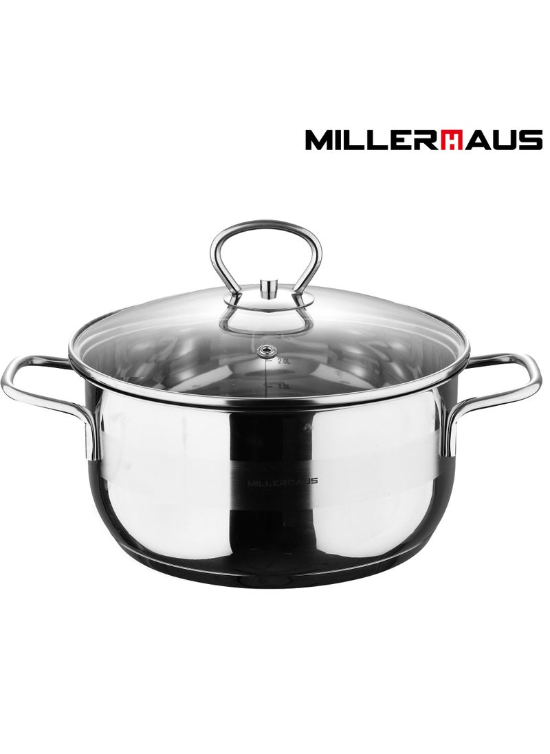 MILLERHAUS Millerhaus Casserole Ø30X15Cm S/S Induction With Lid, Casserole With Lid - Stainless Steel - Ø30X15Cm  - Induction - Shiny And Matt - Straight Shape - Measuring Scale - Welded Wire Handle And Knob, Exceptional Durability and Strength Stainless steel body with Glass Lid  - Image 1
