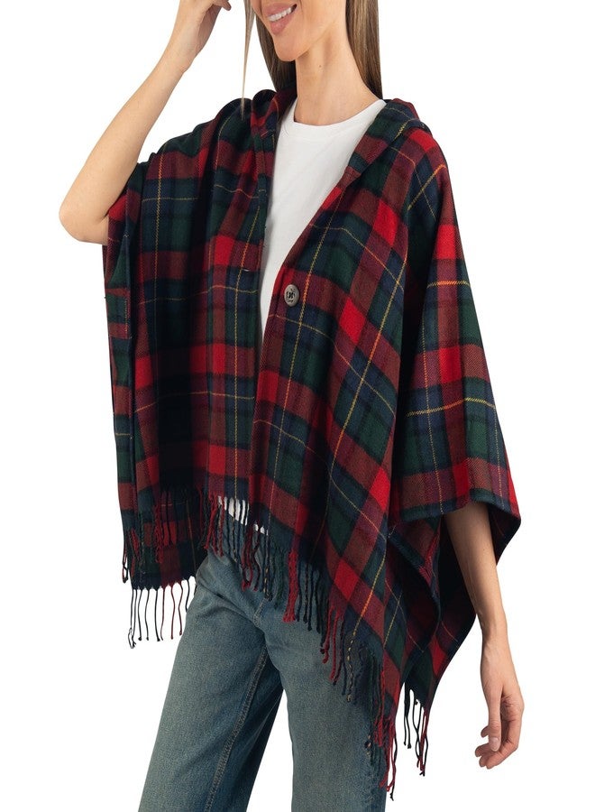 Alpine Swiss Carol Womens Shawl Wrap with Hood Poncho Sweater Large Scarf Fringe Red Plaid - Image 1