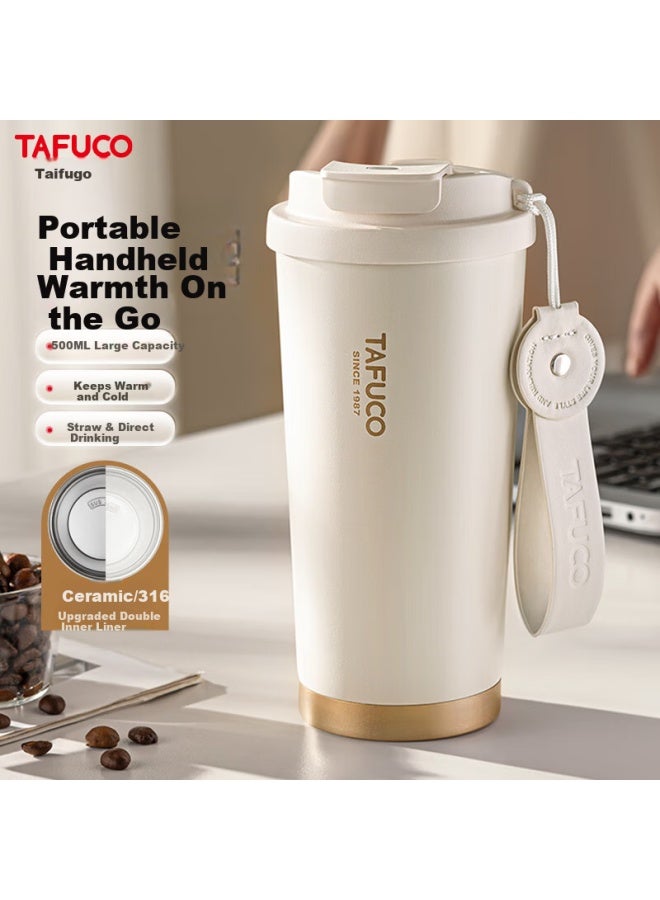 Tafuco 316 Stainless Steel Coffee Cup Double Insulated Thermos Car Home Use Jd Self-operated Portable Cup 0.5l White T2426 - Image 2