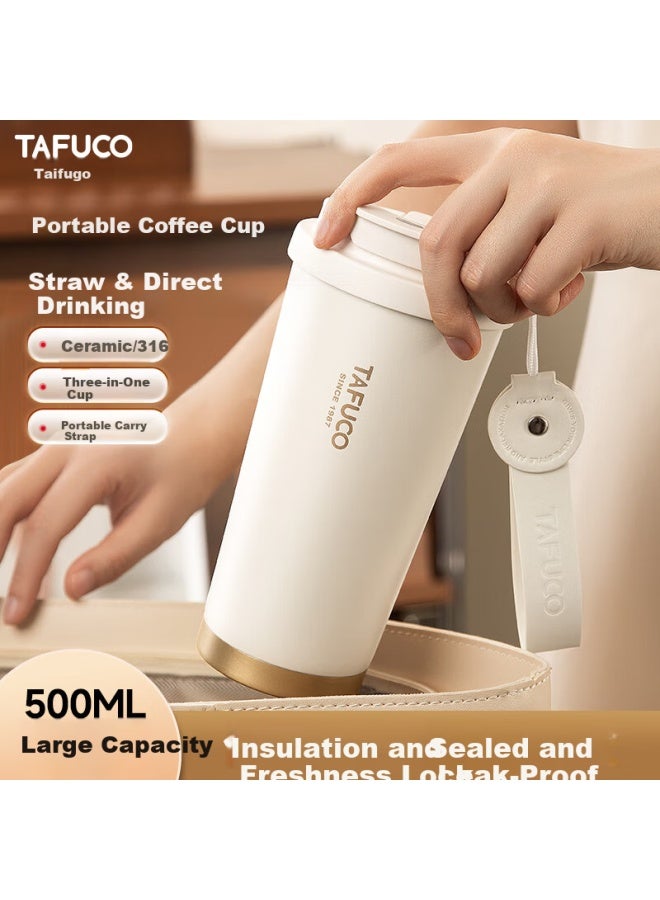 Tafuco 316 Stainless Steel Coffee Cup Double Insulated Thermos Car Home Use Jd Self-operated Portable Cup 0.5l White T2426 - Image 3
